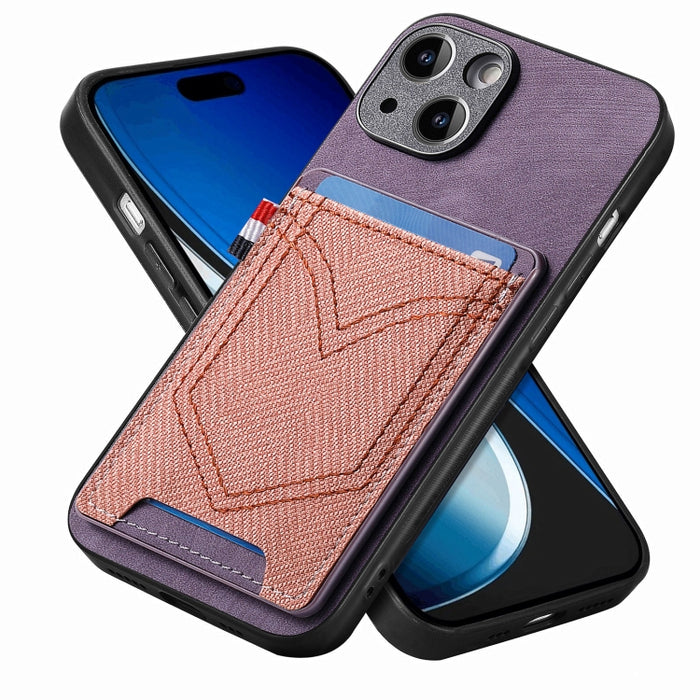 Estuche para teléfono de piel de cuero con textura de mezclilla con ranura para tarjeta, For iPhone 15 Pro Max, For iPhone 15 Pro, For iPhone 15 Plus, For iPhone 15, For iPhone 14 Pro, For iPhone 14 Pro Max