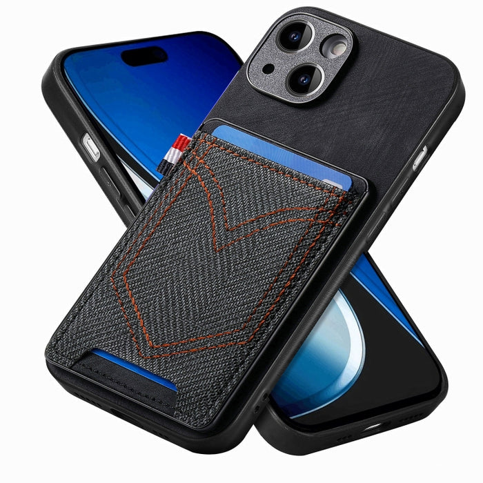 Estuche para teléfono de piel de cuero con textura de mezclilla con ranura para tarjeta, For iPhone 15 Pro Max, For iPhone 15 Pro, For iPhone 15 Plus, For iPhone 15, For iPhone 14 Pro, For iPhone 14 Pro Max