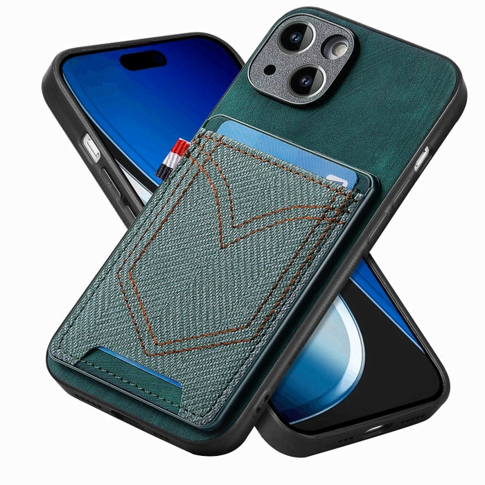 Estuche para teléfono de piel de cuero con textura de mezclilla con ranura para tarjeta, For iPhone 15 Pro Max, For iPhone 15 Pro, For iPhone 15 Plus, For iPhone 15, For iPhone 14 Pro, For iPhone 14 Pro Max