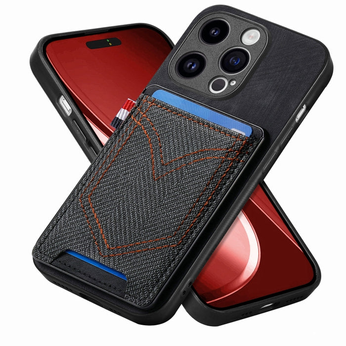 Estuche para teléfono de piel de cuero con textura de mezclilla con ranura para tarjeta, For iPhone 15 Pro Max, For iPhone 15 Pro, For iPhone 15 Plus, For iPhone 15, For iPhone 14 Pro, For iPhone 14 Pro Max