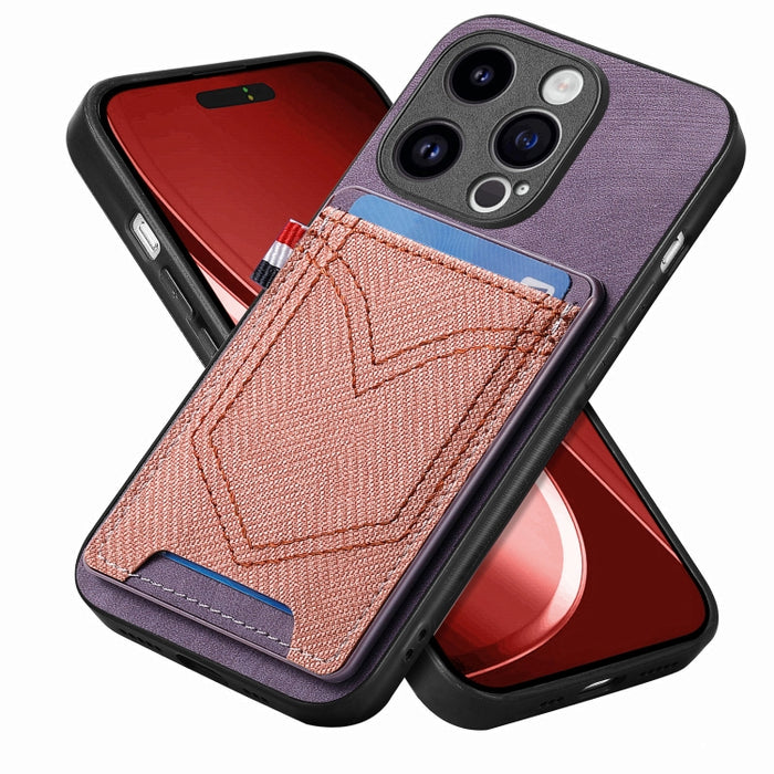Estuche para teléfono de piel de cuero con textura de mezclilla con ranura para tarjeta, For iPhone 15 Pro Max, For iPhone 15 Pro, For iPhone 15 Plus, For iPhone 15, For iPhone 14 Pro, For iPhone 14 Pro Max