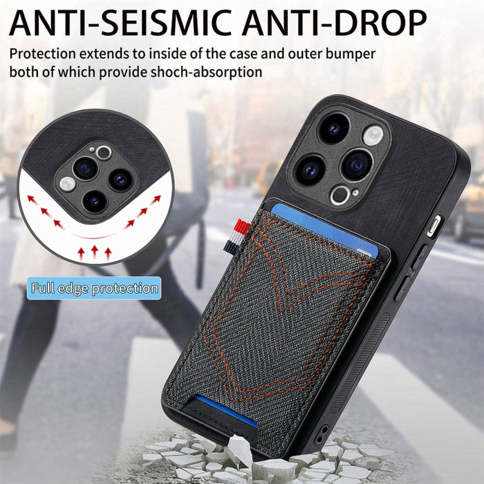 Estuche para teléfono de piel de cuero con textura de mezclilla con ranura para tarjeta, For iPhone 15 Pro Max, For iPhone 15 Pro, For iPhone 15 Plus, For iPhone 15, For iPhone 14 Pro, For iPhone 14 Pro Max
