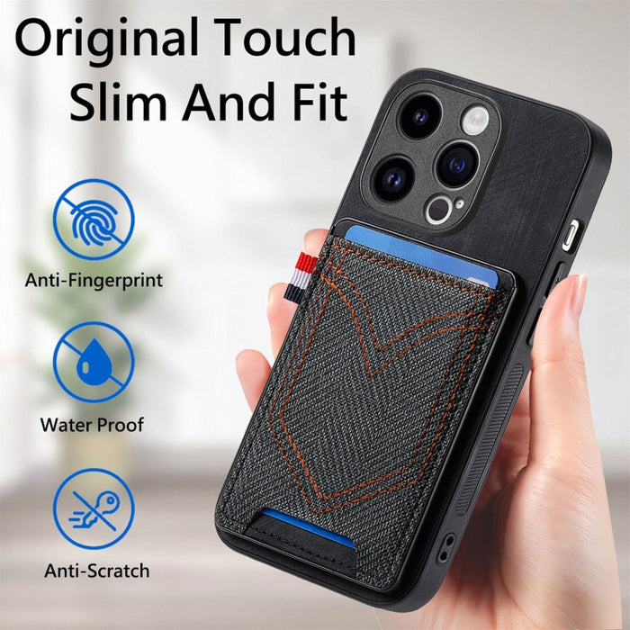 Estuche para teléfono de piel de cuero con textura de mezclilla con ranura para tarjeta, For iPhone 15 Pro Max, For iPhone 15 Pro, For iPhone 15 Plus, For iPhone 15, For iPhone 14 Pro, For iPhone 14 Pro Max