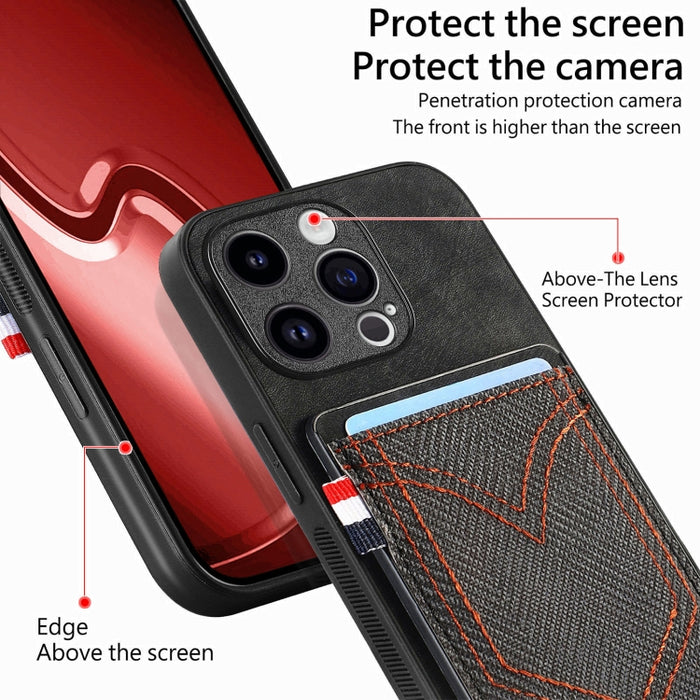 Estuche para teléfono de piel de cuero con textura de mezclilla con ranura para tarjeta, For iPhone 15 Pro Max, For iPhone 15 Pro, For iPhone 15 Plus, For iPhone 15, For iPhone 14 Pro, For iPhone 14 Pro Max