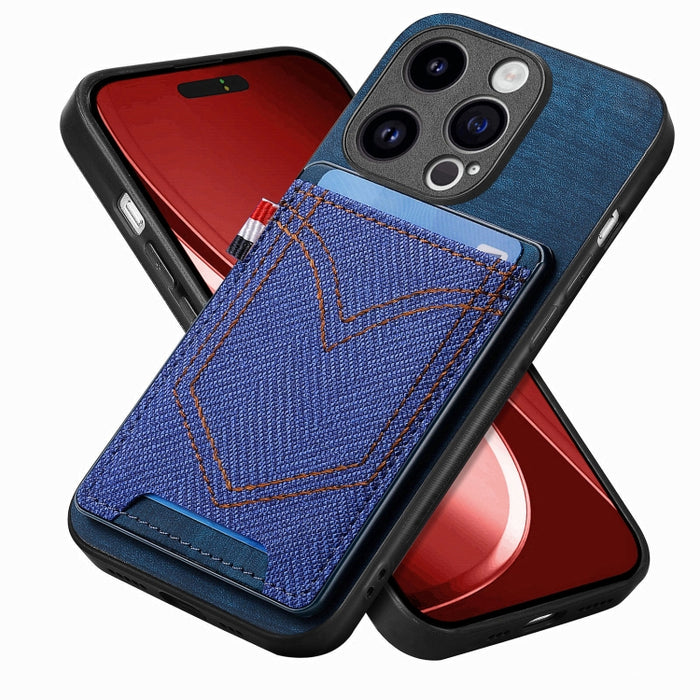 Estuche para teléfono de piel de cuero con textura de mezclilla con ranura para tarjeta, For iPhone 15 Pro Max, For iPhone 15 Pro, For iPhone 15 Plus, For iPhone 15, For iPhone 14 Pro, For iPhone 14 Pro Max