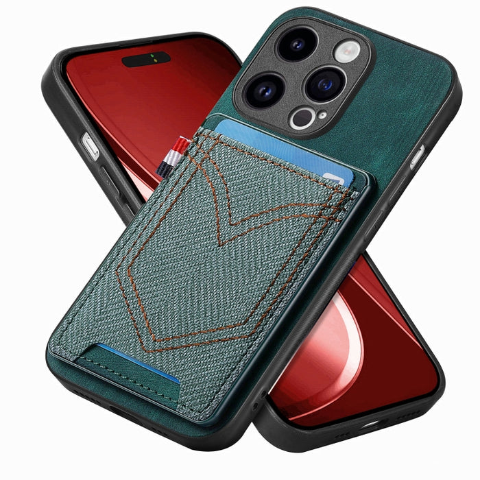 Estuche para teléfono de piel de cuero con textura de mezclilla con ranura para tarjeta, For iPhone 15 Pro Max, For iPhone 15 Pro, For iPhone 15 Plus, For iPhone 15, For iPhone 14 Pro, For iPhone 14 Pro Max