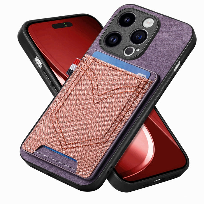 Estuche para teléfono de piel de cuero con textura de mezclilla con ranura para tarjeta, For iPhone 15 Pro Max, For iPhone 15 Pro, For iPhone 15 Plus, For iPhone 15, For iPhone 14 Pro, For iPhone 14 Pro Max