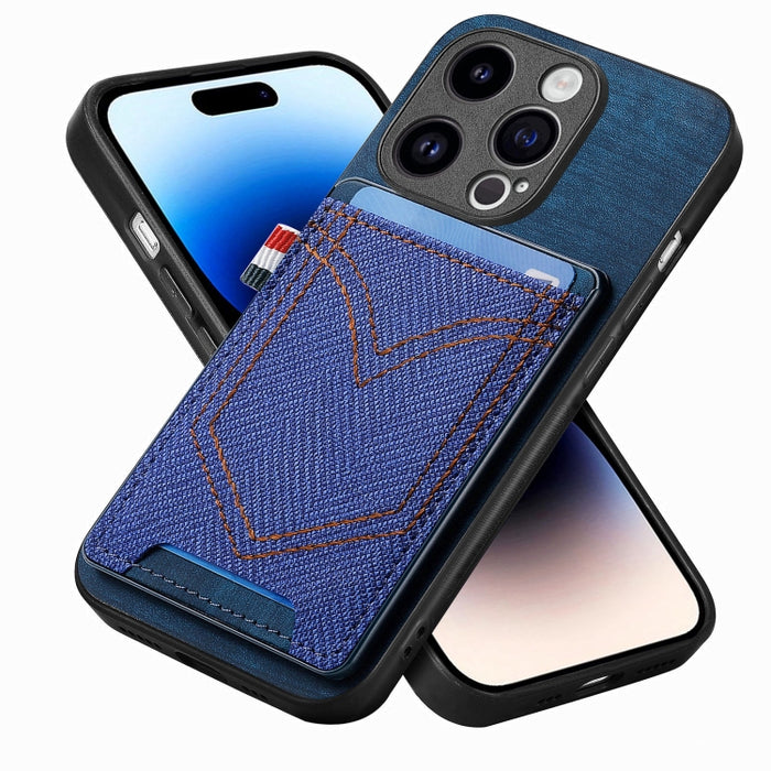 Estuche para teléfono de piel de cuero con textura de mezclilla con ranura para tarjeta, For iPhone 15 Pro Max, For iPhone 15 Pro, For iPhone 15 Plus, For iPhone 15, For iPhone 14 Pro, For iPhone 14 Pro Max