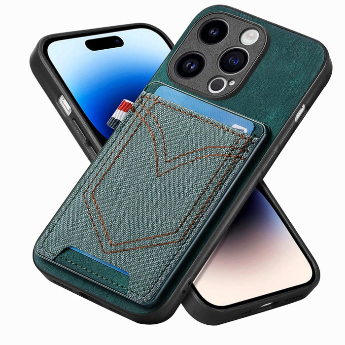 Estuche para teléfono de piel de cuero con textura de mezclilla con ranura para tarjeta, For iPhone 15 Pro Max, For iPhone 15 Pro, For iPhone 15 Plus, For iPhone 15, For iPhone 14 Pro, For iPhone 14 Pro Max