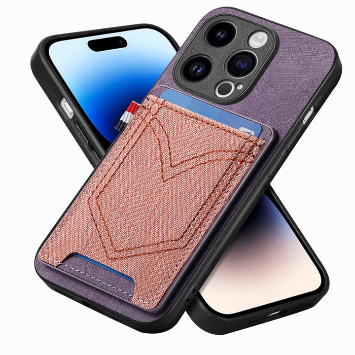 Estuche para teléfono de piel de cuero con textura de mezclilla con ranura para tarjeta, For iPhone 15 Pro Max, For iPhone 15 Pro, For iPhone 15 Plus, For iPhone 15, For iPhone 14 Pro, For iPhone 14 Pro Max