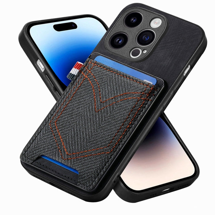 Estuche para teléfono de piel de cuero con textura de mezclilla con ranura para tarjeta, For iPhone 15 Pro Max, For iPhone 15 Pro, For iPhone 15 Plus, For iPhone 15, For iPhone 14 Pro, For iPhone 14 Pro Max