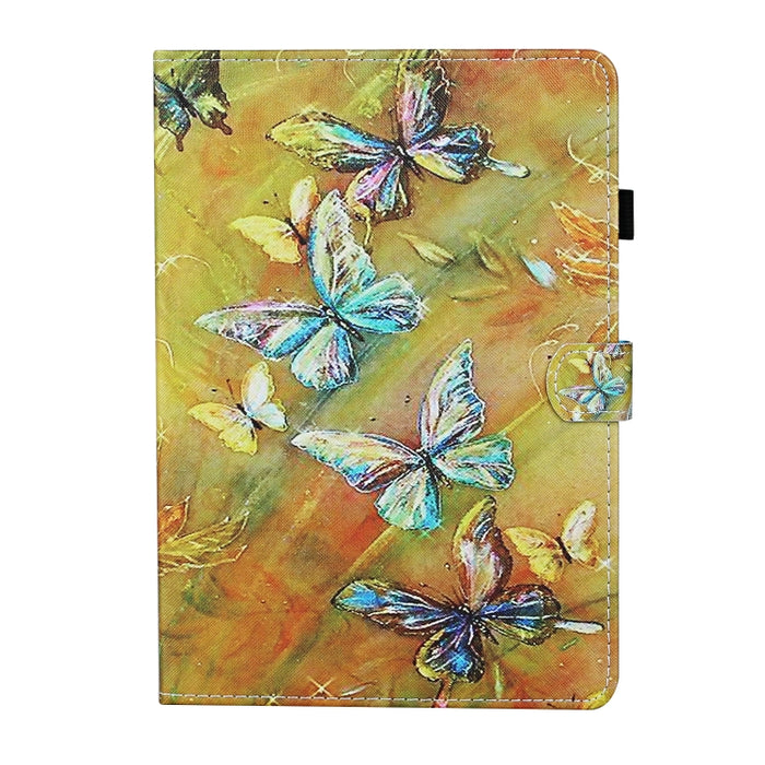 Estuche de cuero con tapa horizontal con costuras de dibujo a color con soporte y ranuras para tarjetas y función de reposo / activación y tira antideslizante
