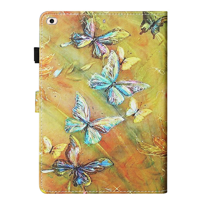 Estuche de cuero con tapa horizontal con costuras de dibujo a color con soporte y ranuras para tarjetas y función de reposo / activación y tira antideslizante