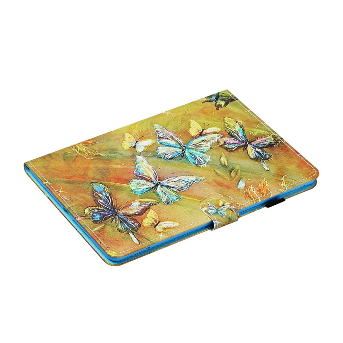 Estuche de cuero con tapa horizontal con costuras de dibujo a color con soporte y ranuras para tarjetas y función de reposo / activación y tira antideslizante