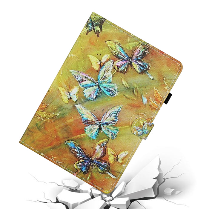 Estuche de cuero con tapa horizontal con costuras de dibujo a color con soporte y ranuras para tarjetas y función de reposo / activación y tira antideslizante