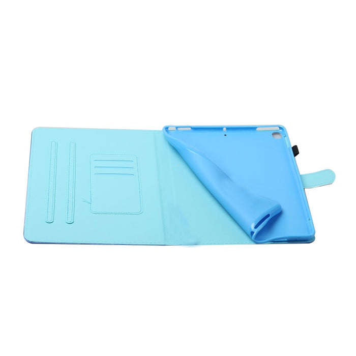 Estuche de cuero con tapa horizontal con costuras de dibujo a color con soporte y ranuras para tarjetas y función de reposo / activación y tira antideslizante