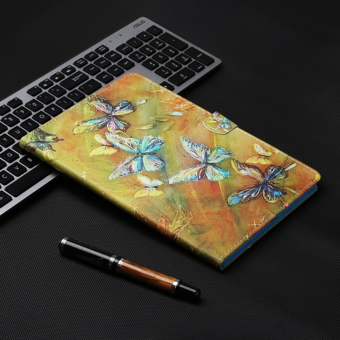 Estuche de cuero con tapa horizontal con costuras de dibujo a color con soporte y ranuras para tarjetas y función de reposo / activación y tira antideslizante