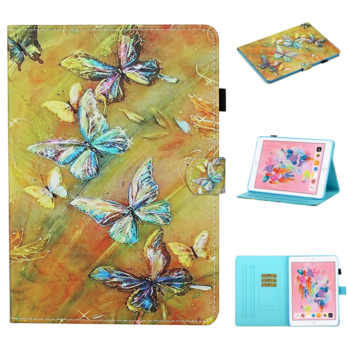Estuche de cuero con tapa horizontal con costuras de dibujo a color con soporte y ranuras para tarjetas y función de reposo / activación y tira antideslizante