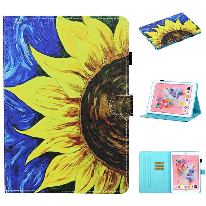 Estuche de cuero con tapa horizontal con costuras de dibujo a color con soporte y ranuras para tarjetas y función de reposo / activación y tira antideslizante