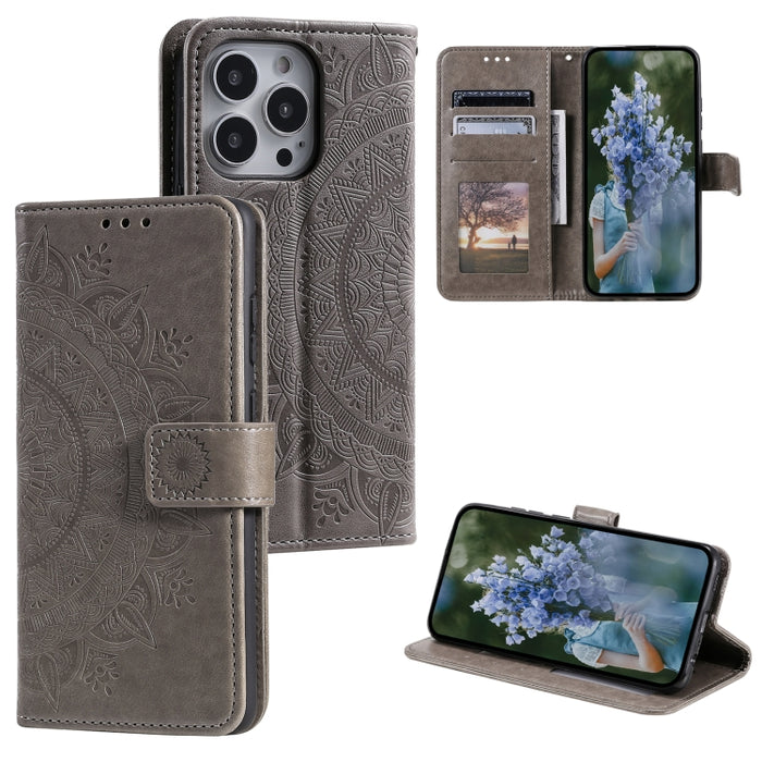 Estuche para teléfono de cuero en relieve Totem Flower, For iPhone 16 Pro Max, For iPhone 16 Pro, For iPhone 16 Plus, For iPhone 16, For iPhone 15 Pro Max, For iPhone 15 Pro, For iPhone 15 Plus, For iPhone 15