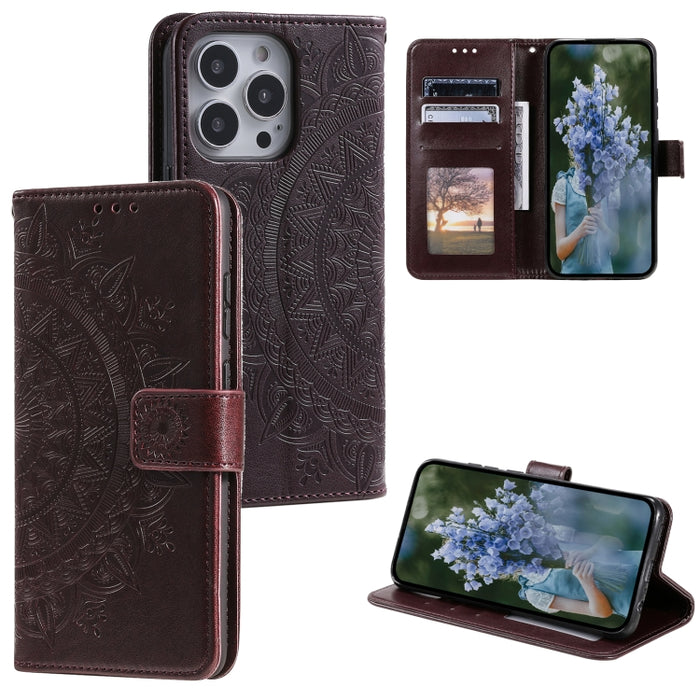 Estuche para teléfono de cuero en relieve Totem Flower, For iPhone 16 Pro Max, For iPhone 16 Pro, For iPhone 16 Plus, For iPhone 16, For iPhone 15 Pro Max, For iPhone 15 Pro, For iPhone 15 Plus, For iPhone 15