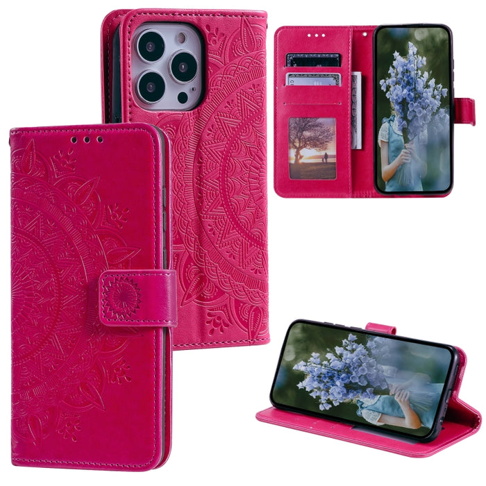 Estuche para teléfono de cuero en relieve Totem Flower, For iPhone 16 Pro Max, For iPhone 16 Pro, For iPhone 16 Plus, For iPhone 16, For iPhone 15 Pro Max, For iPhone 15 Pro, For iPhone 15 Plus, For iPhone 15
