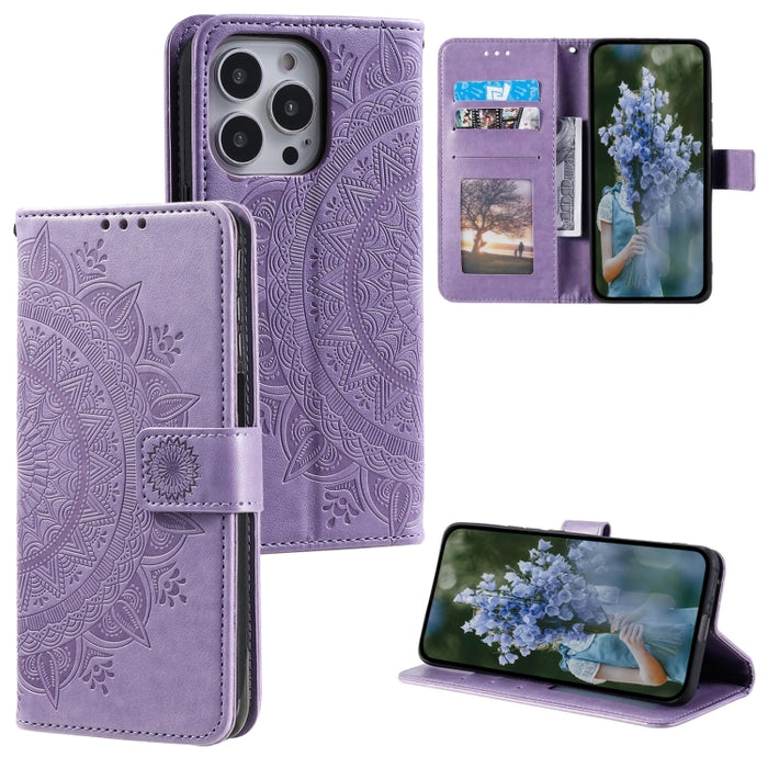 Estuche para teléfono de cuero en relieve Totem Flower, For iPhone 16 Pro Max, For iPhone 16 Pro, For iPhone 16 Plus, For iPhone 16, For iPhone 15 Pro Max, For iPhone 15 Pro, For iPhone 15 Plus, For iPhone 15