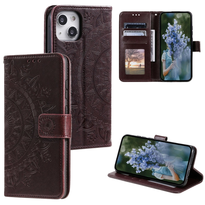 Estuche para teléfono de cuero en relieve Totem Flower, For iPhone 16 Pro Max, For iPhone 16 Pro, For iPhone 16 Plus, For iPhone 16, For iPhone 15 Pro Max, For iPhone 15 Pro, For iPhone 15 Plus, For iPhone 15