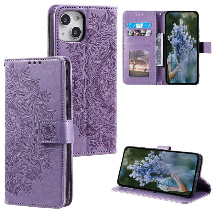 Estuche para teléfono de cuero en relieve Totem Flower, For iPhone 16 Pro Max, For iPhone 16 Pro, For iPhone 16 Plus, For iPhone 16, For iPhone 15 Pro Max, For iPhone 15 Pro, For iPhone 15 Plus, For iPhone 15