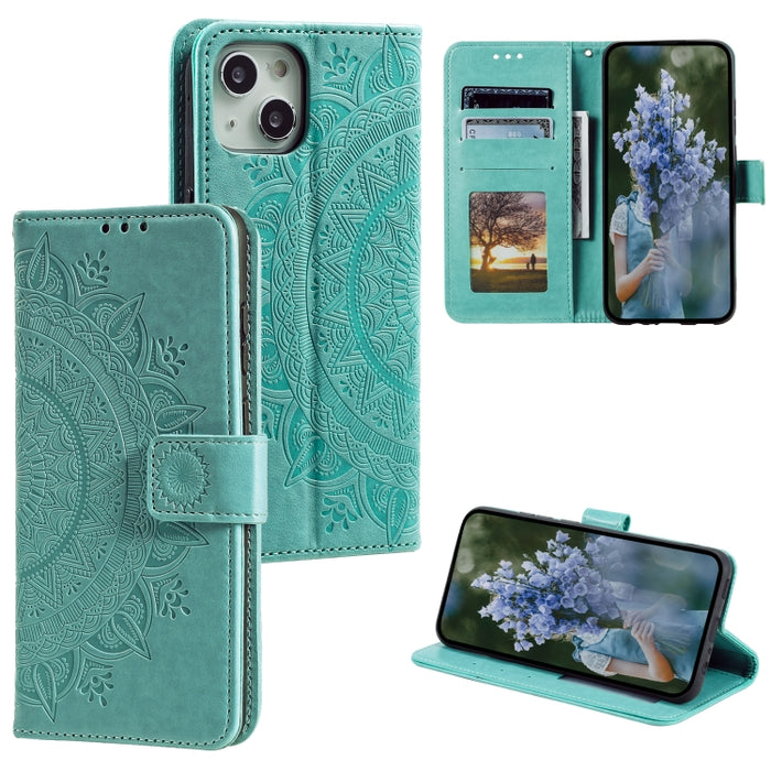 Estuche para teléfono de cuero en relieve Totem Flower, For iPhone 16 Pro Max, For iPhone 16 Pro, For iPhone 16 Plus, For iPhone 16, For iPhone 15 Pro Max, For iPhone 15 Pro, For iPhone 15 Plus, For iPhone 15