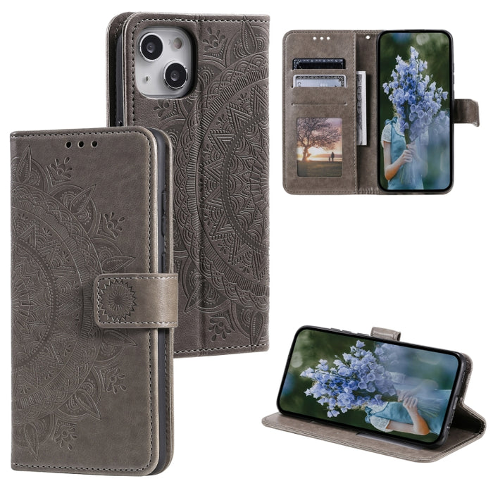 Estuche para teléfono de cuero en relieve Totem Flower, For iPhone 16 Pro Max, For iPhone 16 Pro, For iPhone 16 Plus, For iPhone 16, For iPhone 15 Pro Max, For iPhone 15 Pro, For iPhone 15 Plus, For iPhone 15