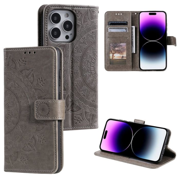 Estuche para teléfono de cuero en relieve Totem Flower, For iPhone 16 Pro Max, For iPhone 16 Pro, For iPhone 16 Plus, For iPhone 16, For iPhone 15 Pro Max, For iPhone 15 Pro, For iPhone 15 Plus, For iPhone 15