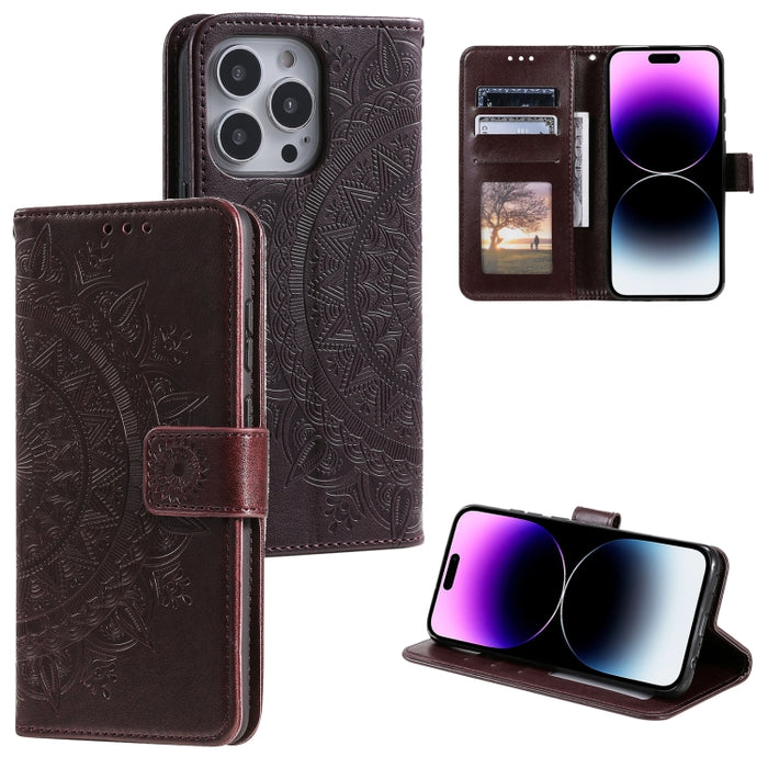 Estuche para teléfono de cuero en relieve Totem Flower, For iPhone 16 Pro Max, For iPhone 16 Pro, For iPhone 16 Plus, For iPhone 16, For iPhone 15 Pro Max, For iPhone 15 Pro, For iPhone 15 Plus, For iPhone 15