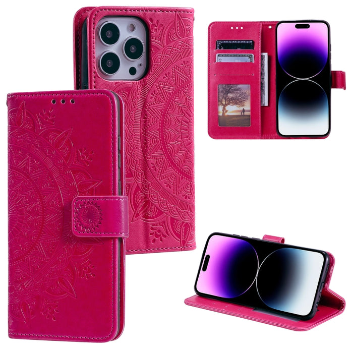 Estuche para teléfono de cuero en relieve Totem Flower, For iPhone 16 Pro Max, For iPhone 16 Pro, For iPhone 16 Plus, For iPhone 16, For iPhone 15 Pro Max, For iPhone 15 Pro, For iPhone 15 Plus, For iPhone 15