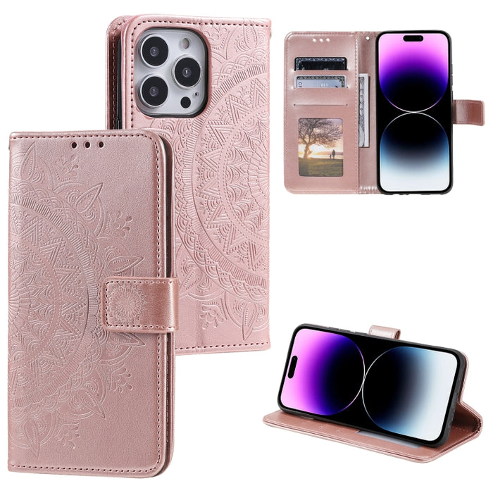 Estuche para teléfono de cuero en relieve Totem Flower, For iPhone 16 Pro Max, For iPhone 16 Pro, For iPhone 16 Plus, For iPhone 16, For iPhone 15 Pro Max, For iPhone 15 Pro, For iPhone 15 Plus, For iPhone 15