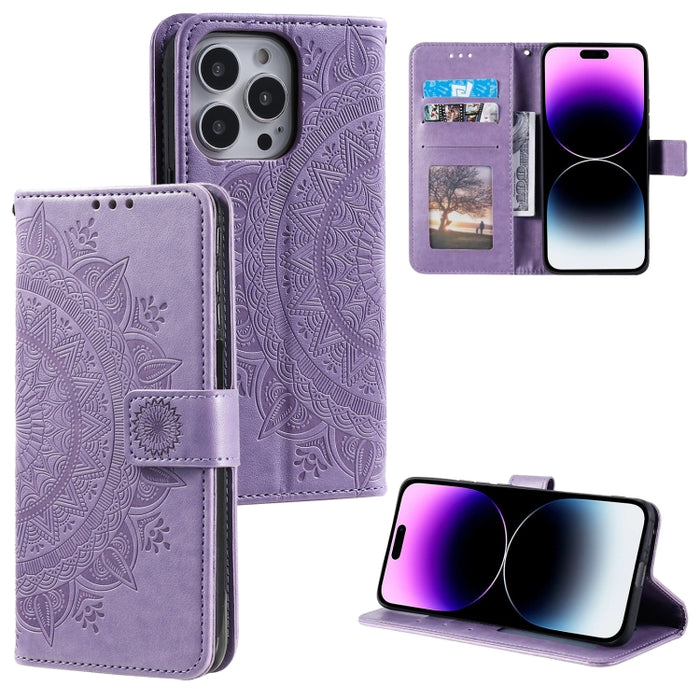Estuche para teléfono de cuero en relieve Totem Flower, For iPhone 16 Pro Max, For iPhone 16 Pro, For iPhone 16 Plus, For iPhone 16, For iPhone 15 Pro Max, For iPhone 15 Pro, For iPhone 15 Plus, For iPhone 15