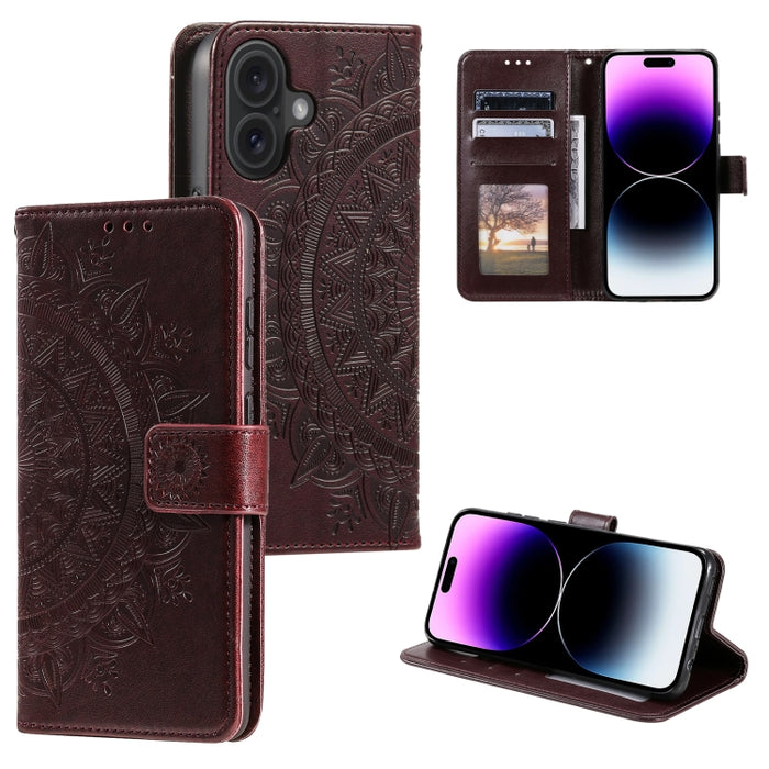 Estuche para teléfono de cuero en relieve Totem Flower, For iPhone 16 Pro Max, For iPhone 16 Pro, For iPhone 16 Plus, For iPhone 16, For iPhone 15 Pro Max, For iPhone 15 Pro, For iPhone 15 Plus, For iPhone 15