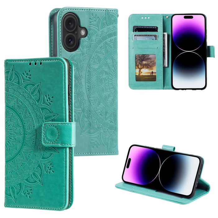Estuche para teléfono de cuero en relieve Totem Flower, For iPhone 16 Pro Max, For iPhone 16 Pro, For iPhone 16 Plus, For iPhone 16, For iPhone 15 Pro Max, For iPhone 15 Pro, For iPhone 15 Plus, For iPhone 15