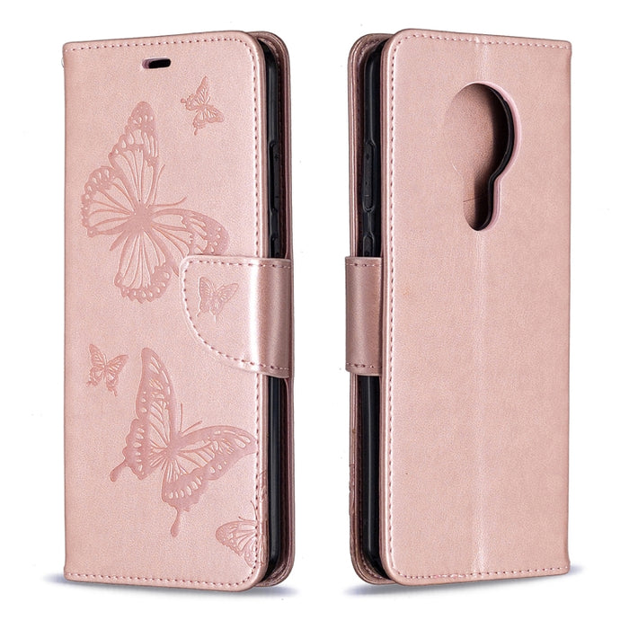 Estuche de cuero con tapa horizontal con estampado de dos mariposas con soporte, ranura para tarjeta, billetera y cordón, For Nokia 5.3, For Xiaomi Redmi Note 9
