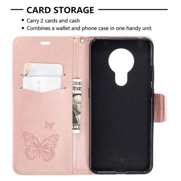 Estuche de cuero con tapa horizontal con estampado de dos mariposas con soporte, ranura para tarjeta, billetera y cordón, For Nokia 5.3, For Xiaomi Redmi Note 9