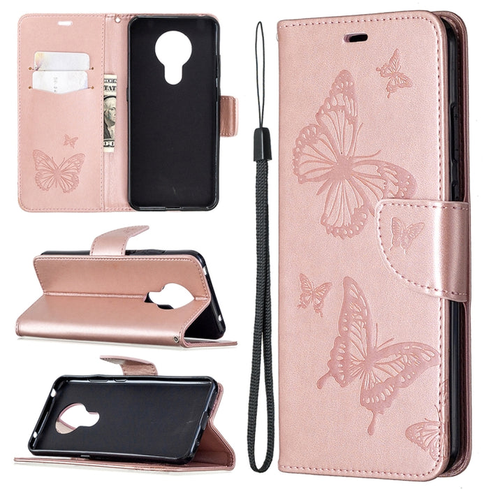 Estuche de cuero con tapa horizontal con estampado de dos mariposas con soporte, ranura para tarjeta, billetera y cordón, For Nokia 5.3, For Xiaomi Redmi Note 9