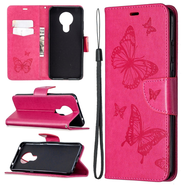 Estuche de cuero con tapa horizontal con estampado de dos mariposas con soporte, ranura para tarjeta, billetera y cordón, For Nokia 5.3, For Xiaomi Redmi Note 9