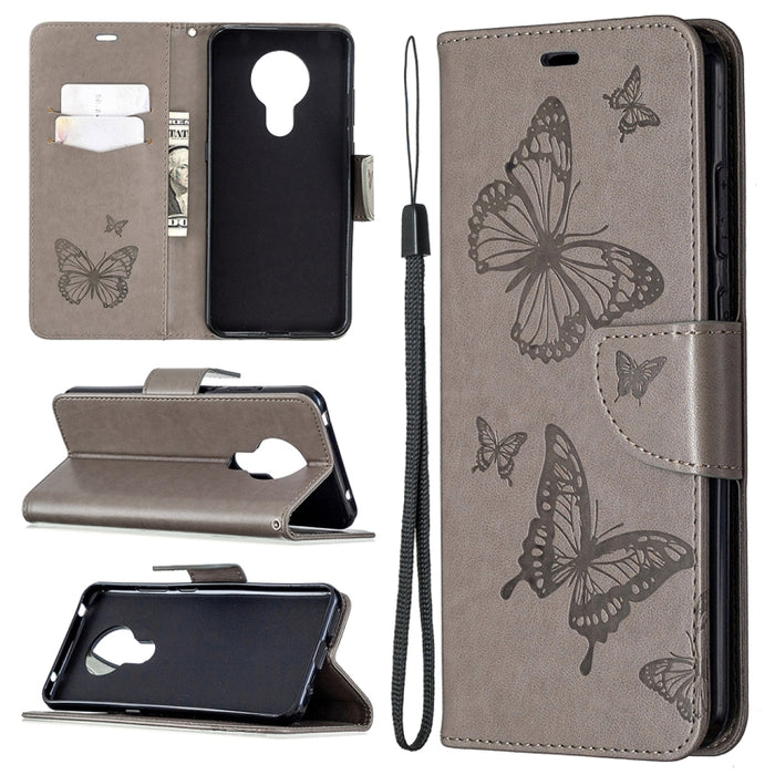 Estuche de cuero con tapa horizontal con estampado de dos mariposas con soporte, ranura para tarjeta, billetera y cordón, For Nokia 5.3, For Xiaomi Redmi Note 9