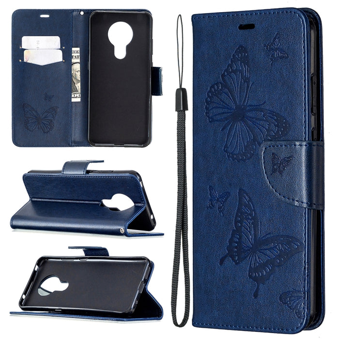Estuche de cuero con tapa horizontal con estampado de dos mariposas con soporte, ranura para tarjeta, billetera y cordón, For Nokia 5.3, For Xiaomi Redmi Note 9