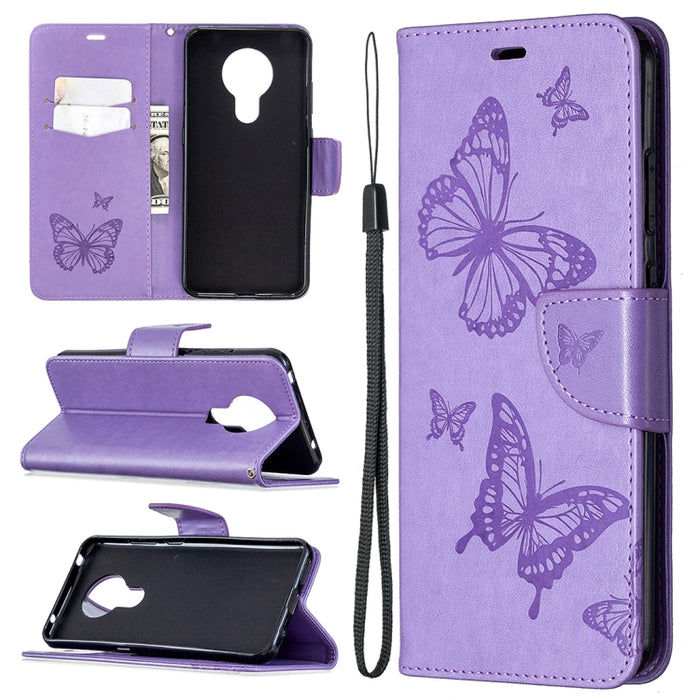 Estuche de cuero con tapa horizontal con estampado de dos mariposas con soporte, ranura para tarjeta, billetera y cordón, For Nokia 5.3, For Xiaomi Redmi Note 9