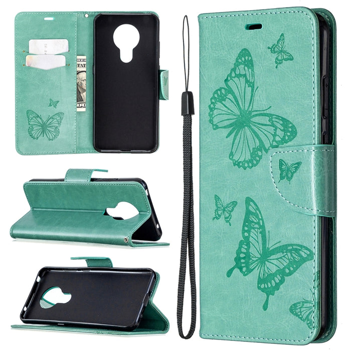 Estuche de cuero con tapa horizontal con estampado de dos mariposas con soporte, ranura para tarjeta, billetera y cordón, For Nokia 5.3, For Xiaomi Redmi Note 9
