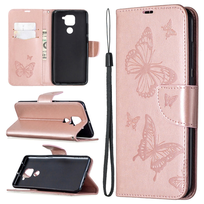 Estuche de cuero con tapa horizontal con estampado de dos mariposas con soporte, ranura para tarjeta, billetera y cordón, For Nokia 5.3, For Xiaomi Redmi Note 9