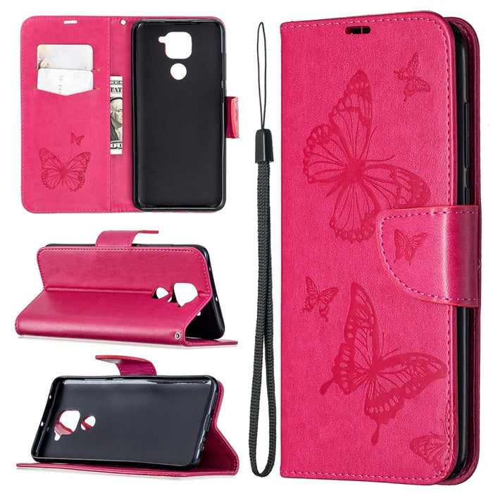 Estuche de cuero con tapa horizontal con estampado de dos mariposas con soporte, ranura para tarjeta, billetera y cordón, For Nokia 5.3, For Xiaomi Redmi Note 9
