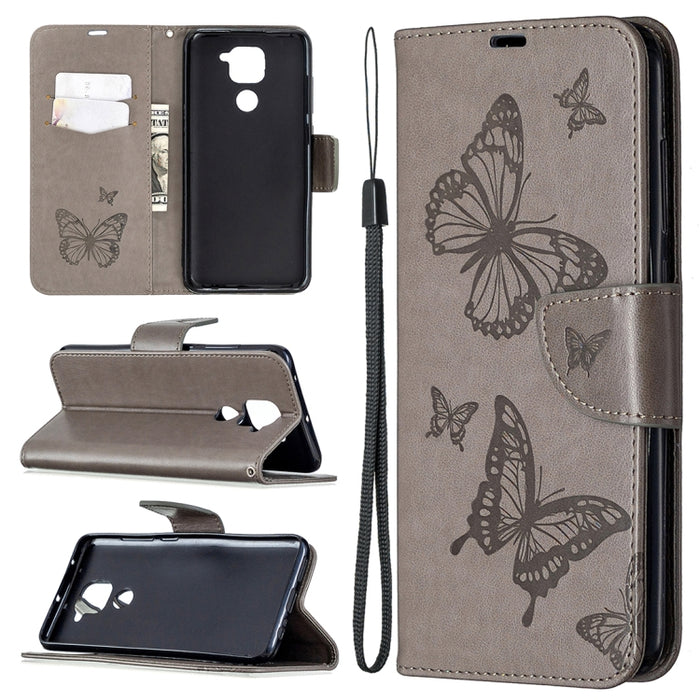 Estuche de cuero con tapa horizontal con estampado de dos mariposas con soporte, ranura para tarjeta, billetera y cordón, For Nokia 5.3, For Xiaomi Redmi Note 9