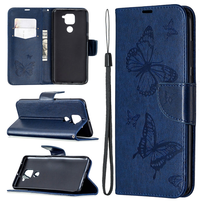 Estuche de cuero con tapa horizontal con estampado de dos mariposas con soporte, ranura para tarjeta, billetera y cordón, For Nokia 5.3, For Xiaomi Redmi Note 9
